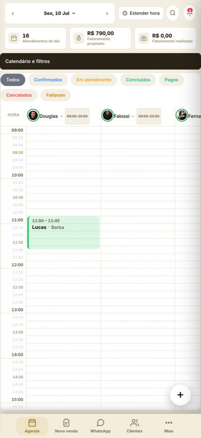 Agenda do Billens no celular, com atendimentos do dia e faturamento projetado